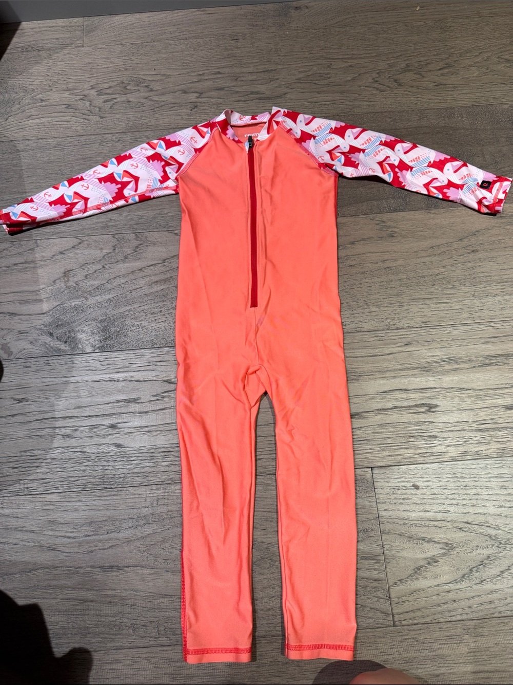Reima Coral One-Piece Rashguard Swimsuit with Pink-Red Patterned Sleeves